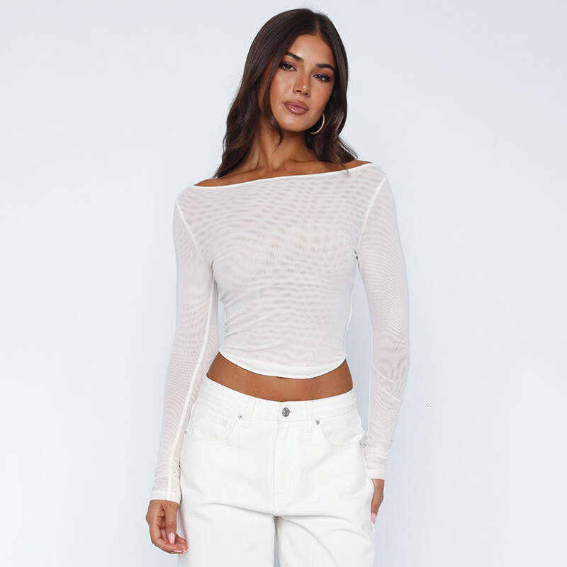Ytp227 Women's Summer New Sheer Mesh Pullover Off-Shoulder Curved Hem Top B5