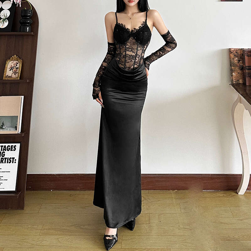 2024 Autumn Winter New Women's Solid Color Slim High Waist Fashion V-neck Strap Mesh Dress b12