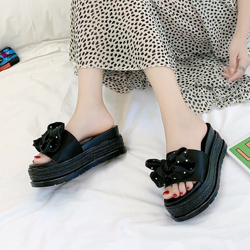 Ddmysports Women S With Bowknot Summer New Wedge Thick Sole Outdoor One Word Slippers Fashion Height Increasing Shoes Outdoor Shoes