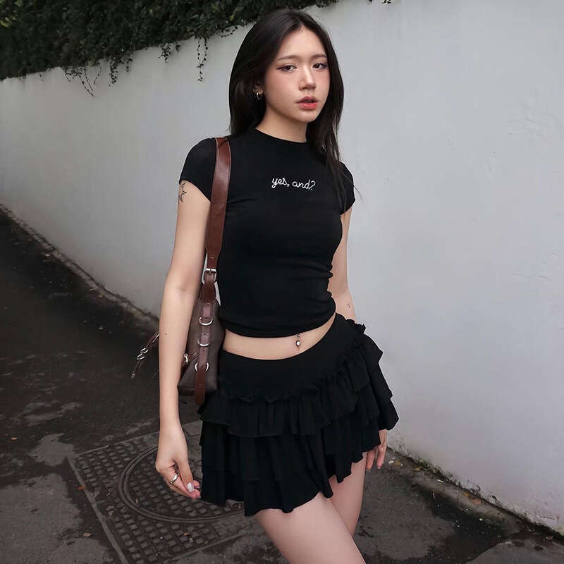 2024 Summer New Women's Solid Color Short Sleeve Crop Top T-Shirt High Waist Skirt 47d