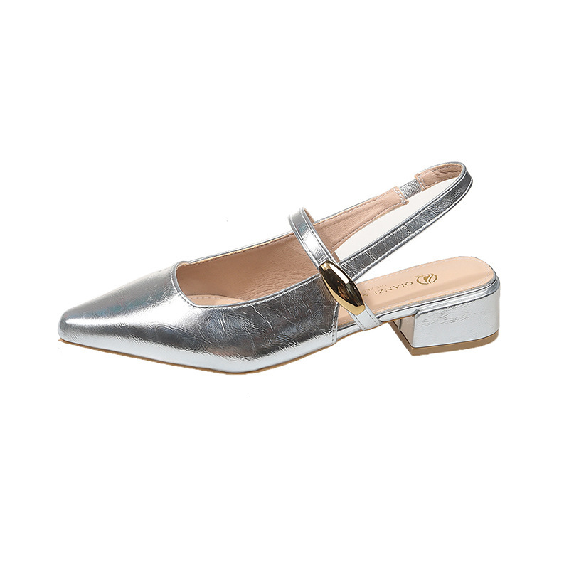 Ddmysports French Style Closed Toe For Women New Summer Square Mid High Heel Silver Mary Jane Sandals Outdoor Shoes