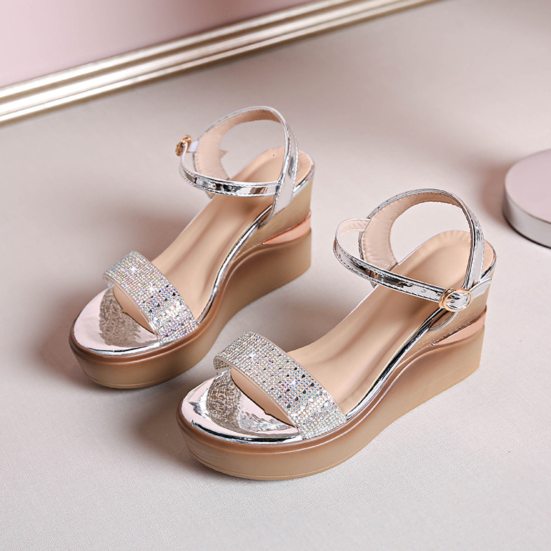 Ddmysports Rhinestone One Strap Wedge Sandals For Women Summer New Versatile Beach Shoes Open Toe Thick Sole Super High Heels Outdoor Shoes