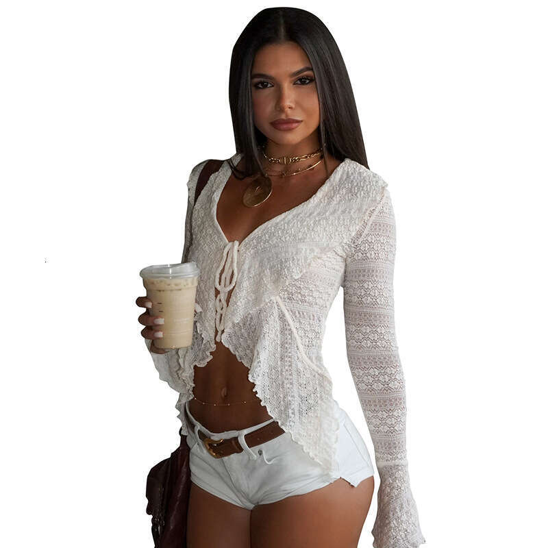 Y25tp289 Women's Summer Autumn New Solid Color Lace Trim Long Sleeve Blouse Top B5