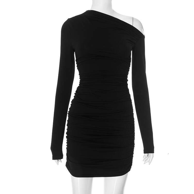 Yds621 Women's Autumn New Solid Color Asymmetrical Neck One-Shoulder Ruched Sexy Bodycon Dress B5