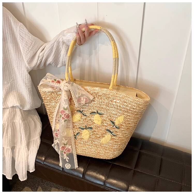 Luxury Brand Designer Bag Zuo Xing Handmade Lemon Embroidered Straw Bag Large Capacity Handheld Woven Bag French Style Shoulder Beach Vacation Bag