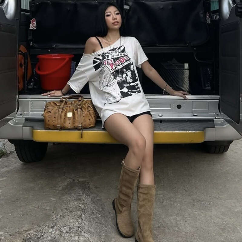 2025 Summer INS Style New Trendy Asymmetrical Shoulder Letter Print Loose Versatile T-Shirt Top 9ea