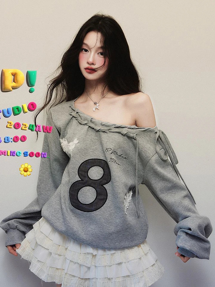 2K Streetwear Gray Sweatshirts Women Off Shoulder Loose Letter Pullovers Harajuku Retro Female Casual American Tops 250723