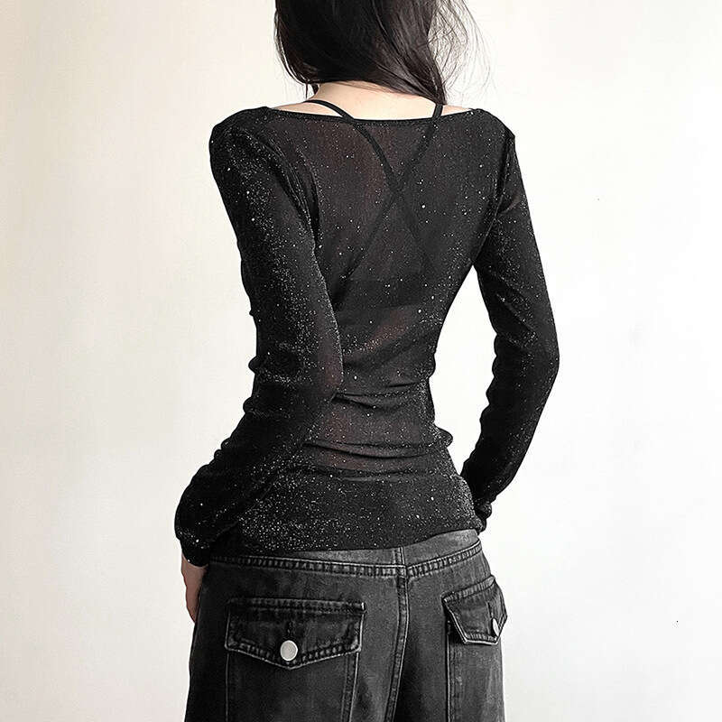 2023 Autumn Winter New Women's Solid Color Slim Street Fashion V-Neck Long Sleeve Base T-Shirt for Women c89