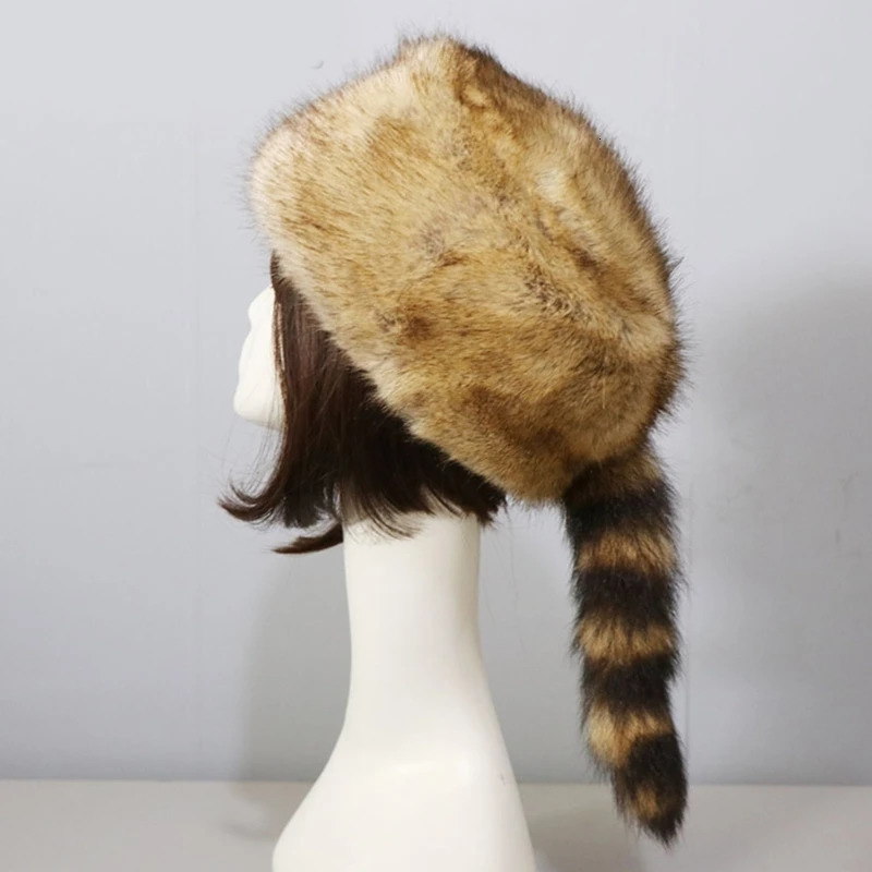 Plush Russian Style Flat Top Hat Winter Mongolian Hat Thickened Plush Raccoon Tail Hat for Adults Teens Keep Warm Hat Wholesale 250724