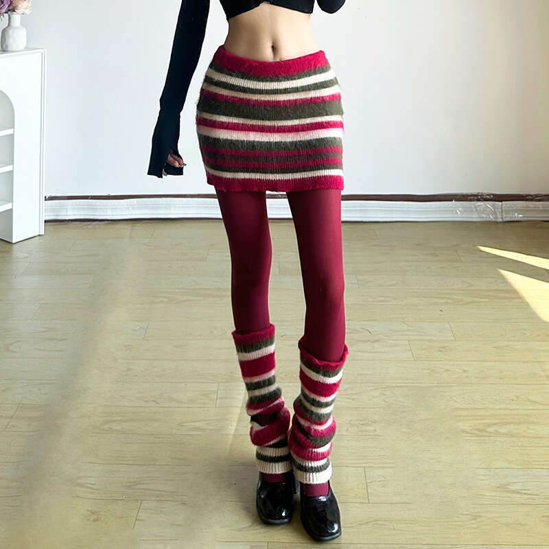 2024 Autumn New Women's Solid Color Slim Street Fashion High Waist Striped Knitted Skirt c2e