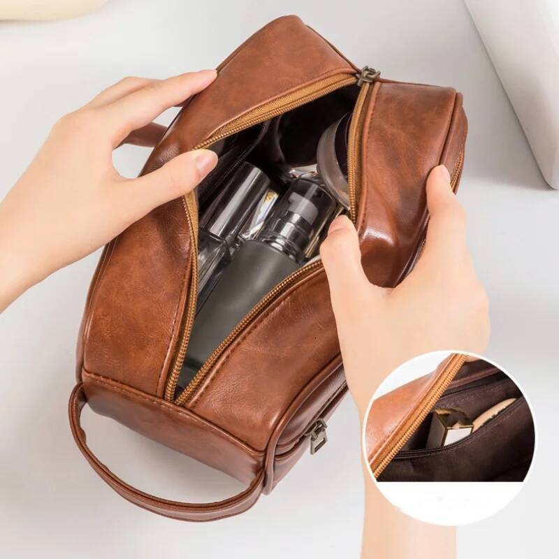 Men Vintage PU Leather Toiletry Travel Necessary Business Cosmetic Makeup Cases Male Hanging Double Layered Wash Bag