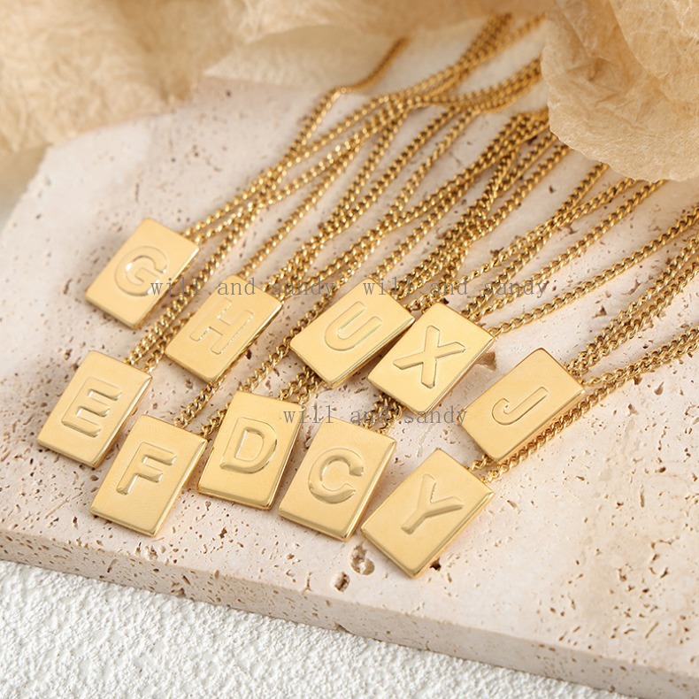 Waterproof 18k Gold Square English Letter Pendant Necklace Designer Jewelry Charm Stainless Steel Chain Alphabet Initial Name Necklaces for Women Fine