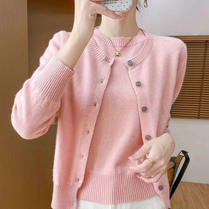 Women 100% Merino Wool Two Piece Set Sweater O-Neck Long Cardigan And Short Sleeve Pullover All Seasons Cashmere Knit Top MDNG
