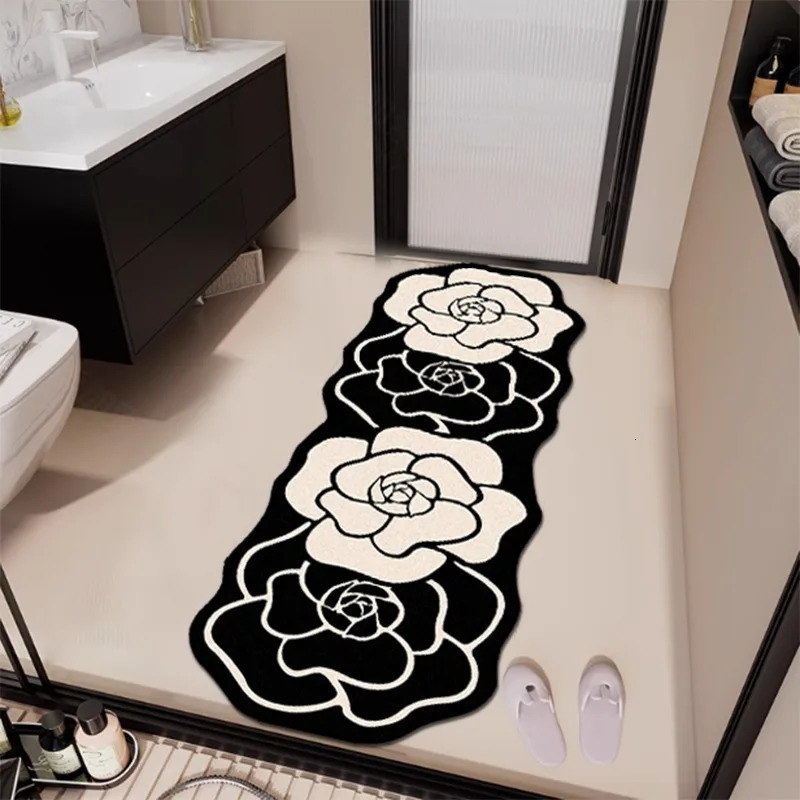 Luxury Personalized Design Camellia Flower Fluffy Carpet Bathroom Absorb Foot Mat Non-slip Floor Mat Home Decor Minimalist Bedroom Rug 250725