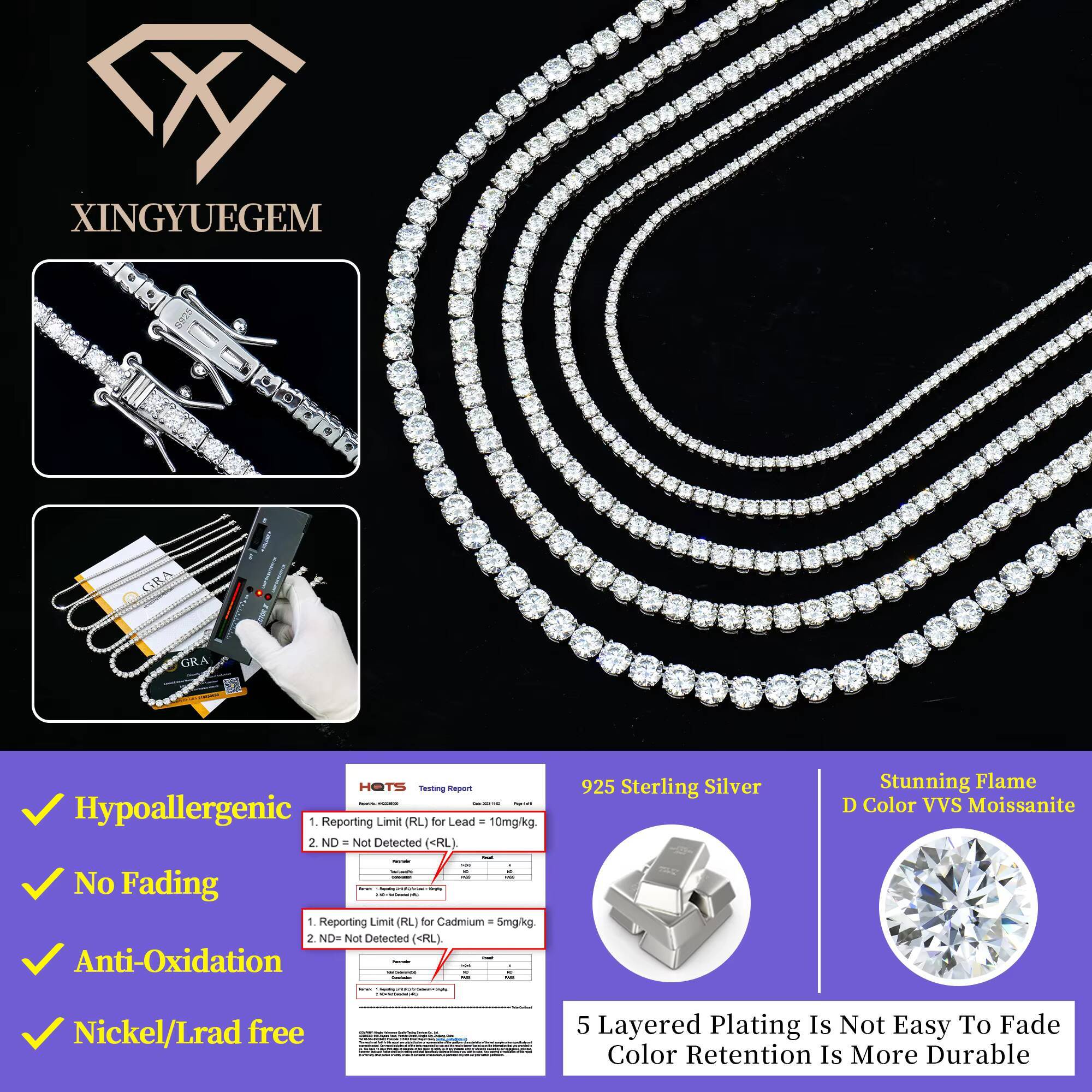 White Gold Silver Iced Out Moissanite Diamond Tennis Chain Necklace for Men Women 3mm Round Cut Moissanite 16/18/20/22/24inch