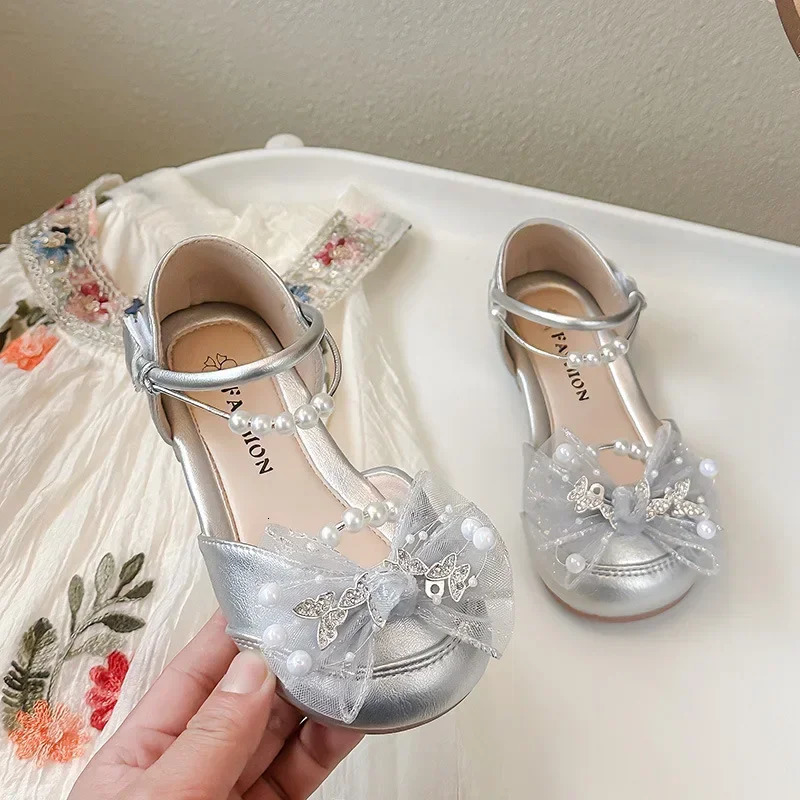 Girls Dance Shoes Mesh Lace Bows Sweet Butterfly Summer Kids Half Sandals Wedding Ins Trendy Princess Pearls 250725
