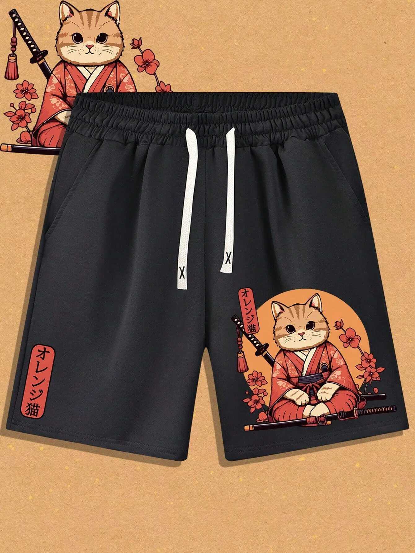 3D Japanese Cat Warrior Print Mens Swimming Trunks Quick-Drying Beach Shorts Outdoor Leisure Sports Shorts Casual Mens Shorts W250724