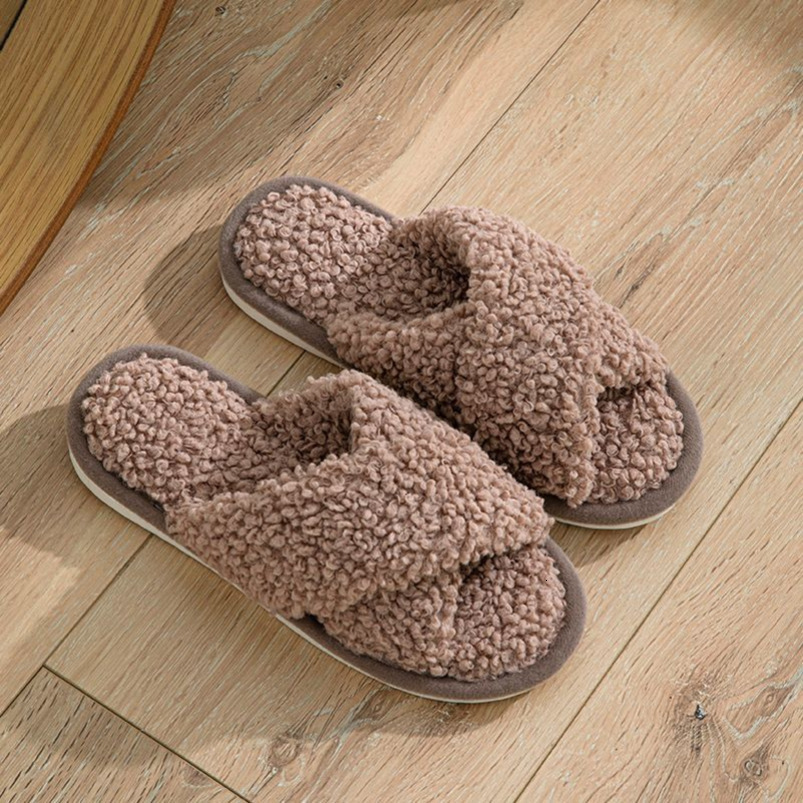 Ins Style Furry Cross Strap Home Comfortable Plush Cotton Slippers for Women