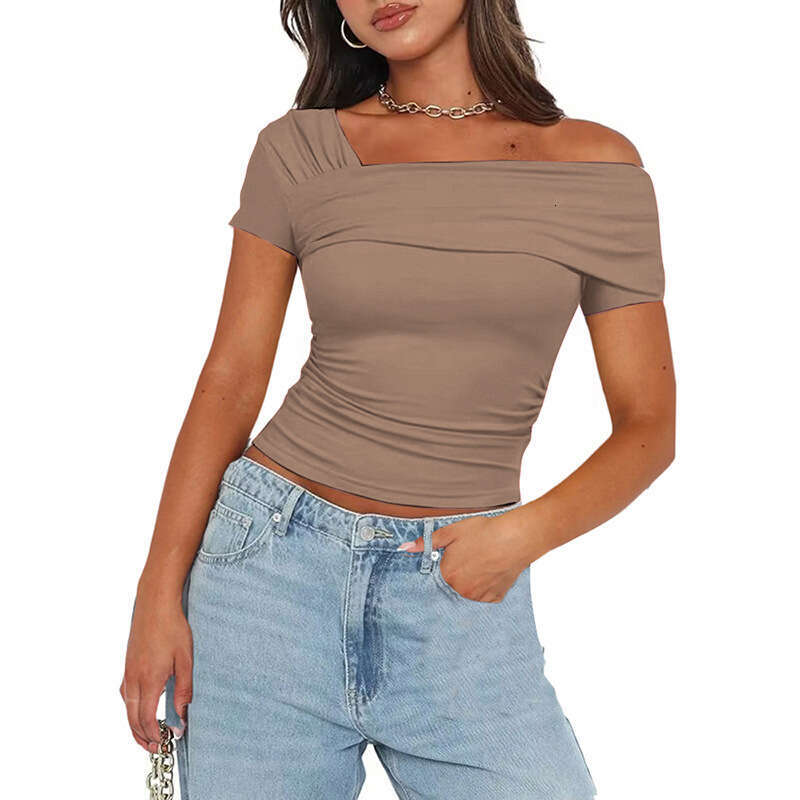 Y23tp706 Women's Autumn New Solid Color One-Shoulder Short Sleeve Backless Ruched Top T-Shirt B5