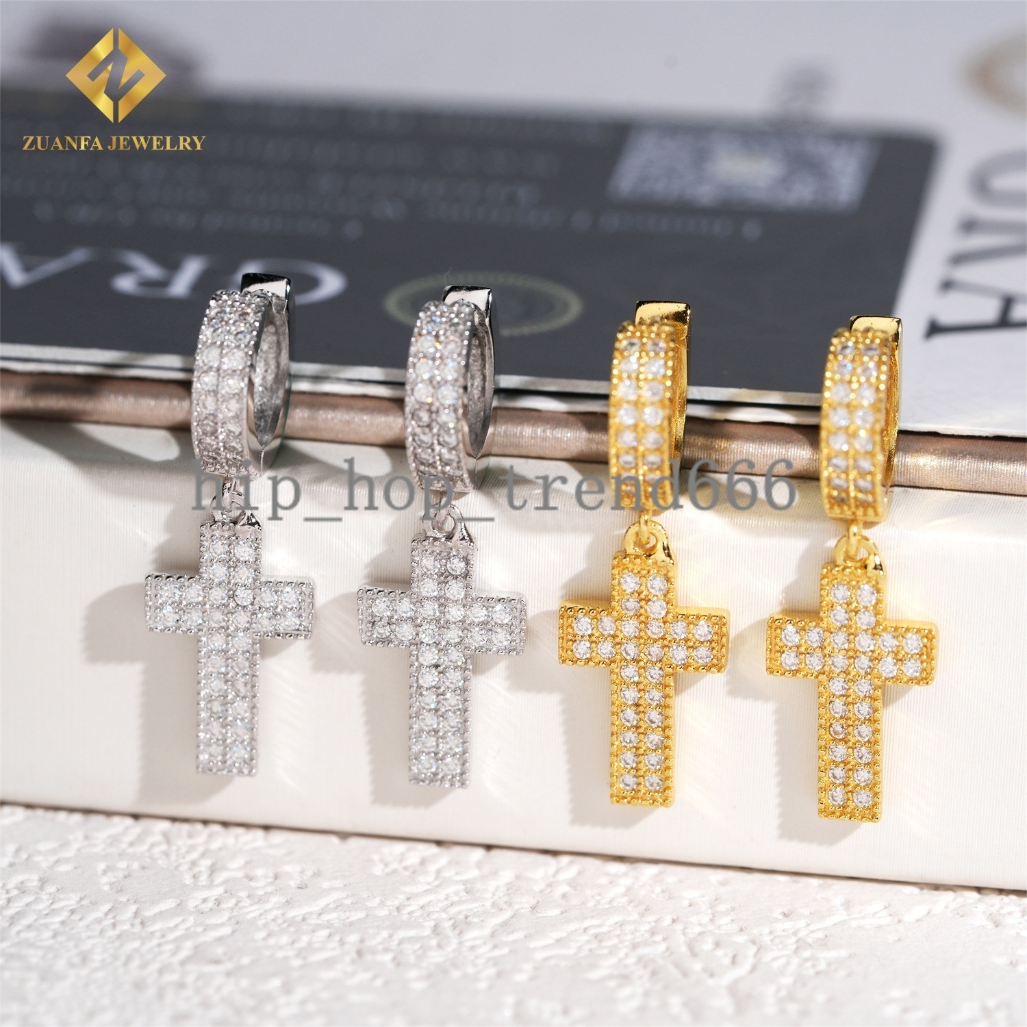 Wholesale Mens Drop Earrings Collection D VVS Moissanite Iced Out Diamond Hiphop Jewelry 925 Silver Cross Hoop Earrings