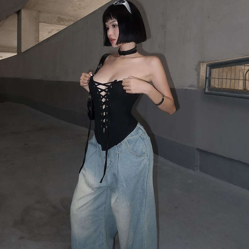 2023 Autumn Winter New Women's Solid Color Slim Street Fashion Off-Shoulder Sleeveless Tie Top 41c