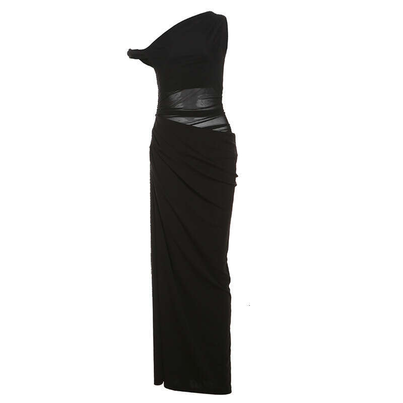 2025 Spring Summer New Solid Color Sexy Asymmetrical Neck Slim Hollow Out Bodycon Dress for Women f1b