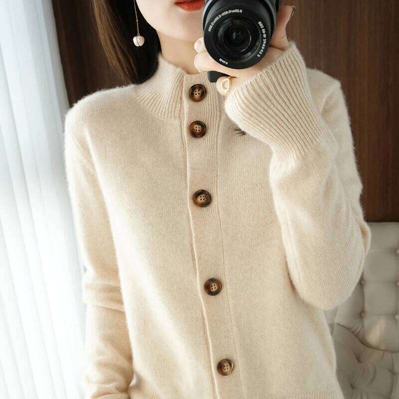 Autumn And Winter 100% Wool Cashmere Women's Self-Cultivation Half High Neck Cardigan Warm Knitted Sweater Women MDNG