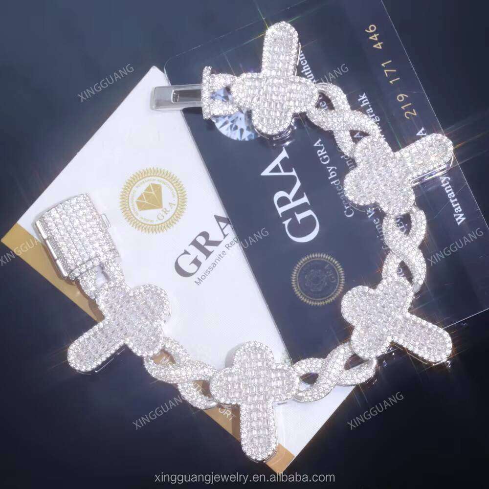 New Design Hip Hop Jewelry Gold Plated Pass Tester Vvs Moissanite Baguette Cut Dia Cross Cuban Link Bracelets