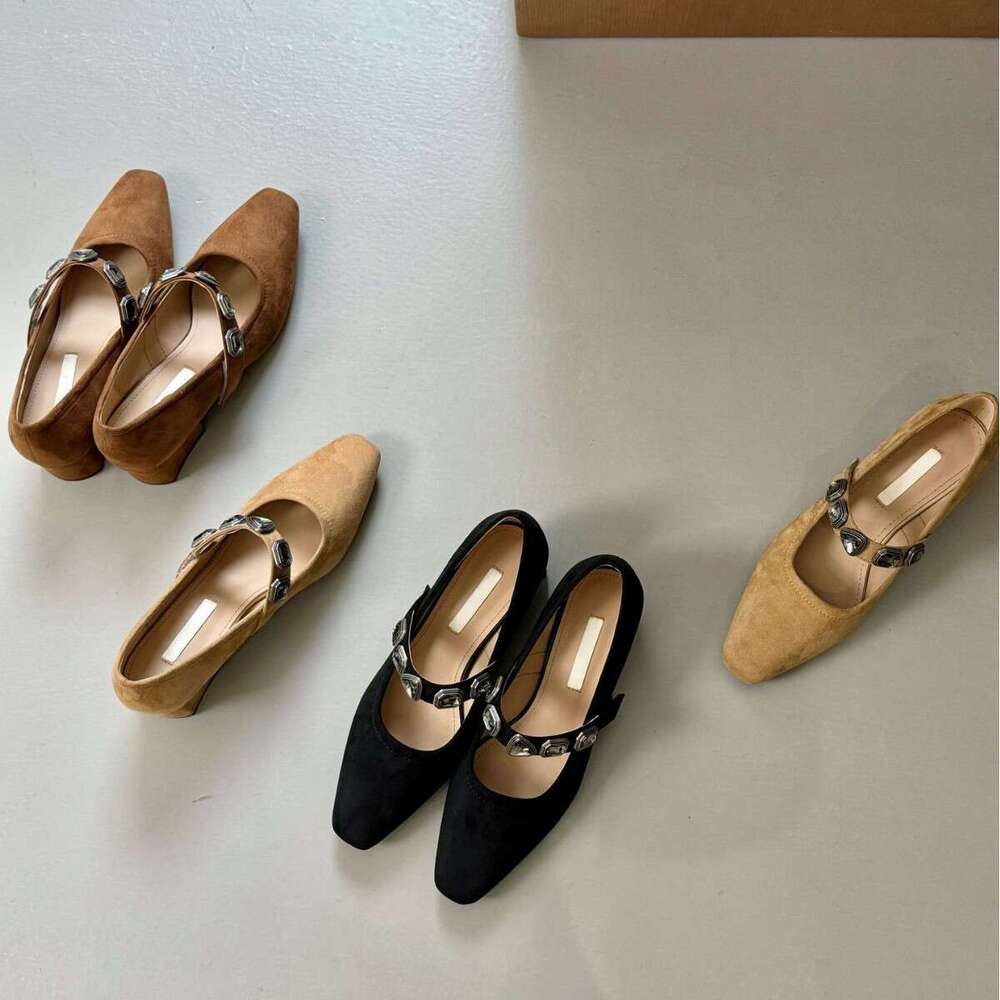 Square Toe Suede Metal Strap Mary Jane for Women 2025 Spring and Autumn New Thick Heel Shallow Mouth Single Shoes
