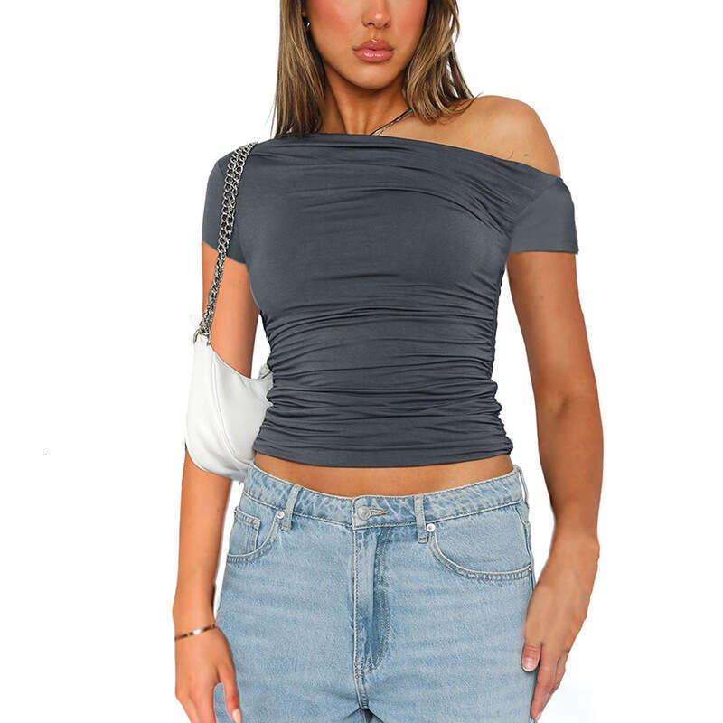 Y23tp747 Women's Spring New Solid Color Off-Shoulder Short Sleeve Ruched Crop Top T-Shirt B5
