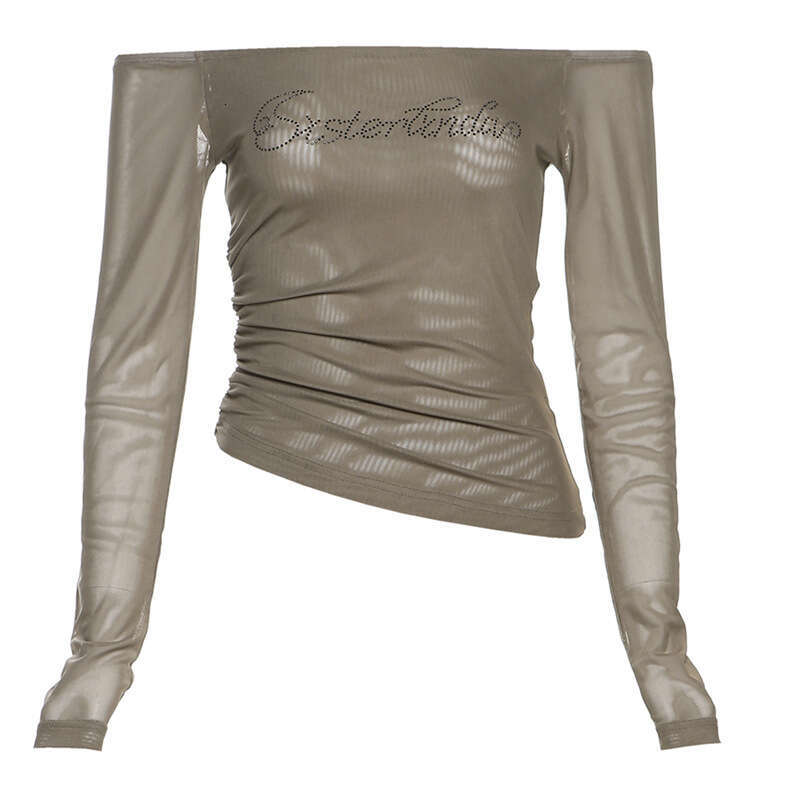 2025 Spring Women's Fashion Sexy Off-Shoulder Design Personality Rhinestone Mesh Long Sleeve Top for Women 963