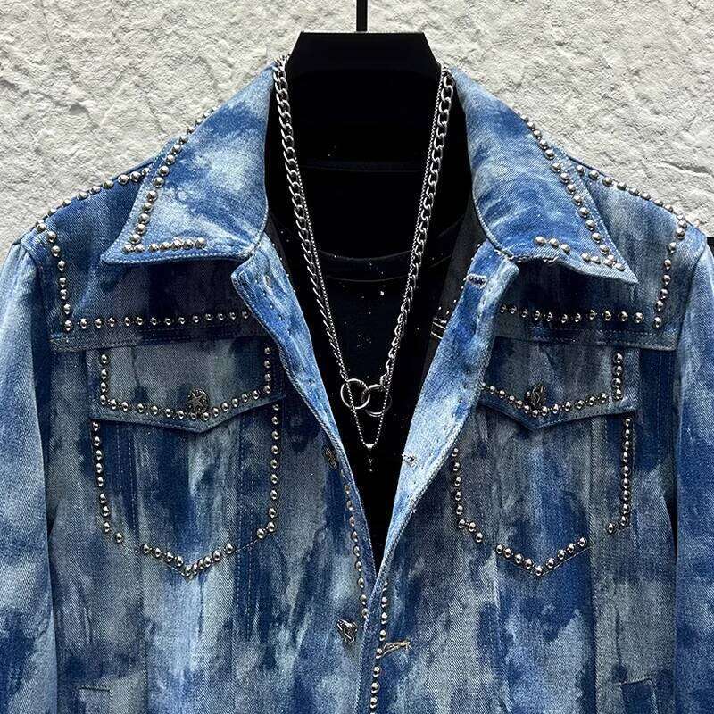 2025 Spring Trendy Rivet Tie-Dye Long Sleeve Pocket Decoration Jackets Men's Retro Tooling Short Style Denim Jacket Tops