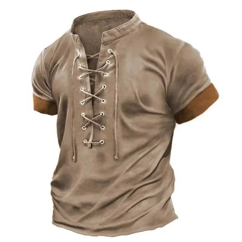 Mens Oversized T-shirt Summer Vintage Casual Lace-up Short-sleeved Tee Business Casual Mens Clothing Soft T-shirt Top Y2K Y250724