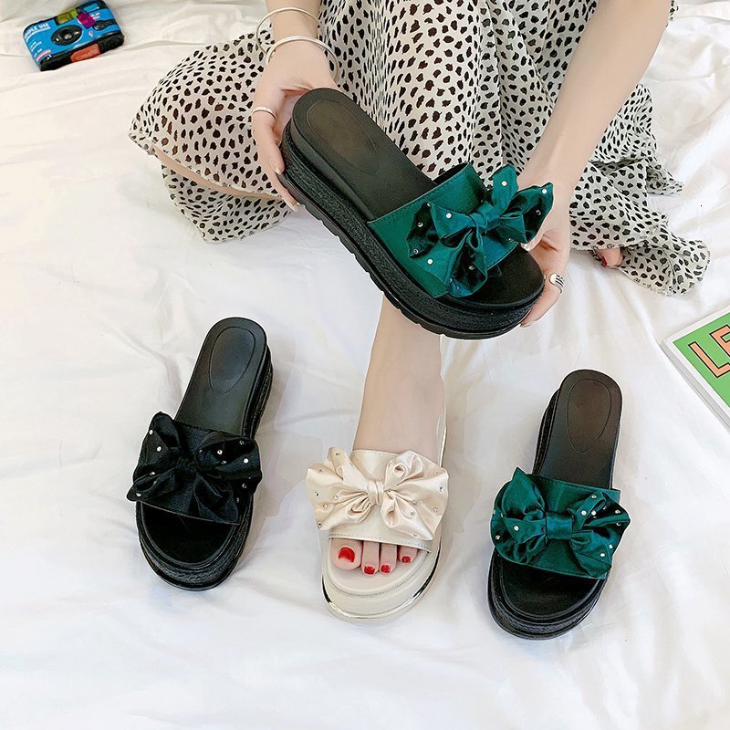 Ddmysports Women S With Bowknot Summer New Wedge Thick Sole Outdoor One Word Slippers Fashion Height Increasing Shoes Outdoor Shoes