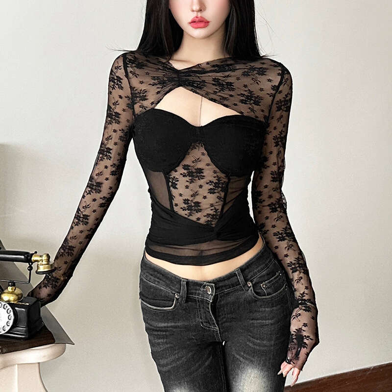 Women's Clothing 2024 Autumn Winter New Street Fashion Sexy Round Neck Long Sleeve Hollow Out T-Shirt for Women cf7