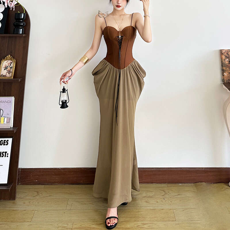 2025 Women's Independent Column Summer New Street Fashion Sexy Strap Spliced Long Dress e6c