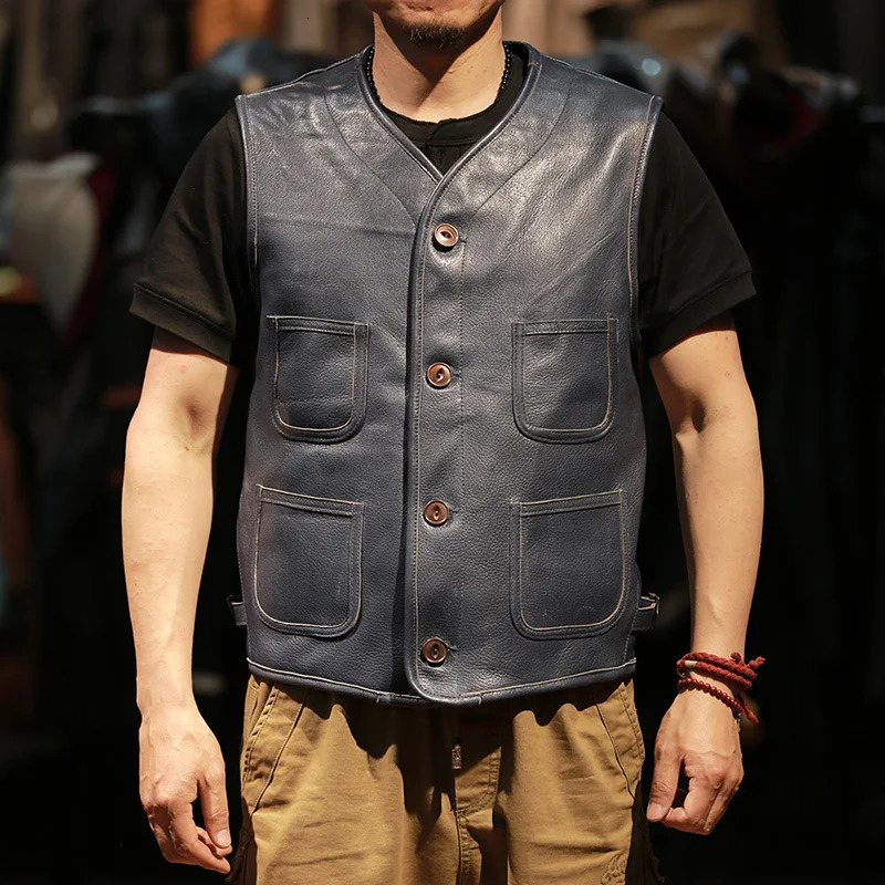 Mens Casual Retro Cowhide Leather Motorcycle Vest Sleeveless Tank Top in BrownCoffeeBlue Colors for Waistcoat Wear 250725