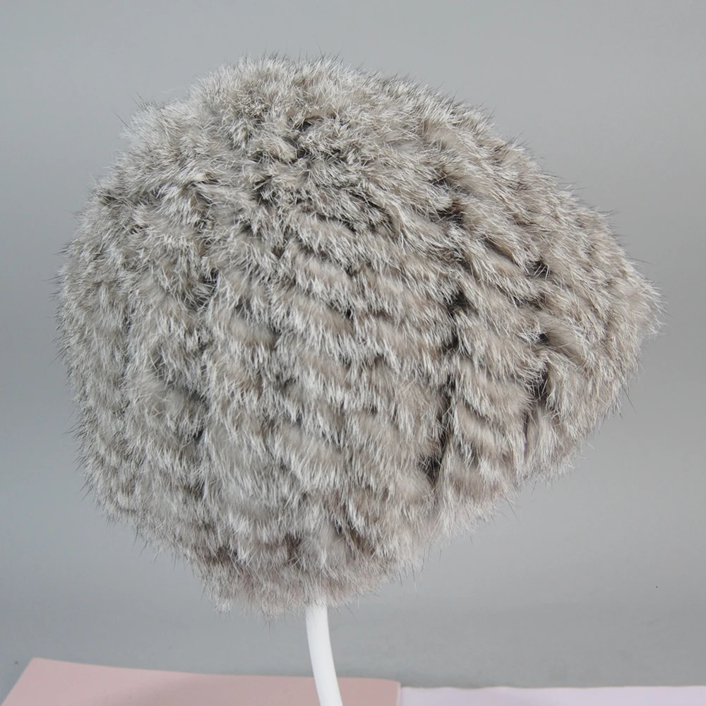 Russian Women Good Elastic Rabbit Fur Skull Cap Lady Winter Warm Knitted Genuine Rabbit Fur Hats Outdoor Fluffy Fur Caps 250724