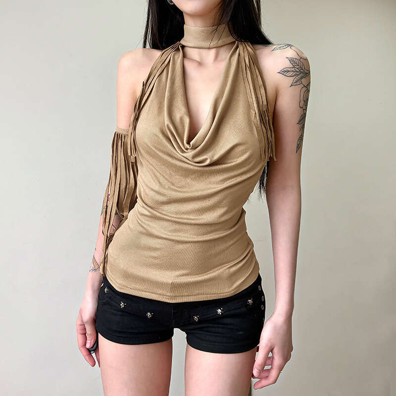 2025 Spring Summer New Fashion Street Style Solid Color Sexy Halter Neck Sleeveless Backless Tank Top 6c0