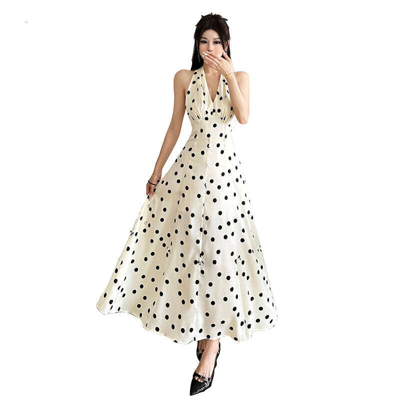 2025 Summer New Fashion Polka Dot Slim Halter Neck Trendy Waist-Cinching Elegant Long Dress 410