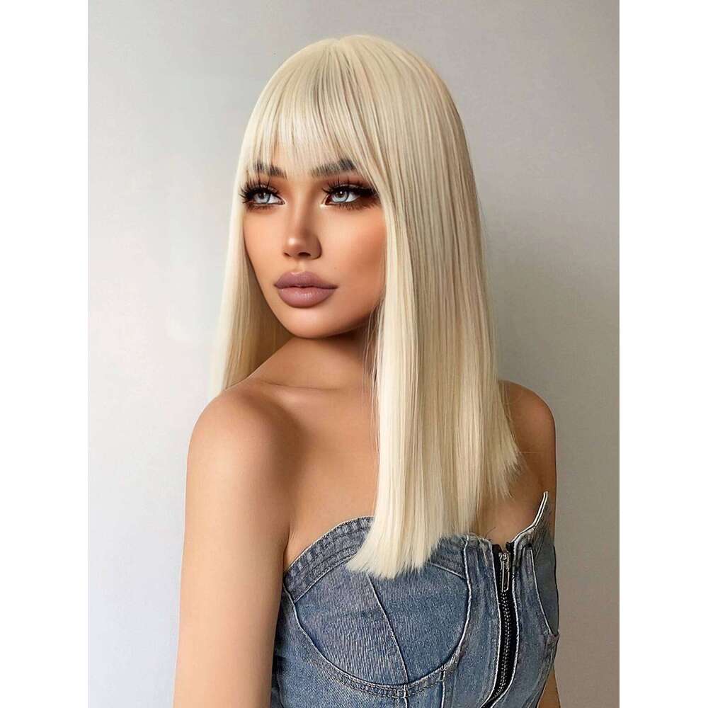 Platinum Blonde Synthetic Wigs With Bang Long Natural Straight Human Hair Wig For Women Daily Use Cosplay Party Heat Resistant