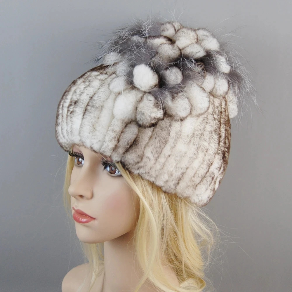 Women Fur Hat For Winter Handmade Natural Rex Rabbit Fox Fur Cap Russian Female Fur Headwear Warm Beanies Cap 250724