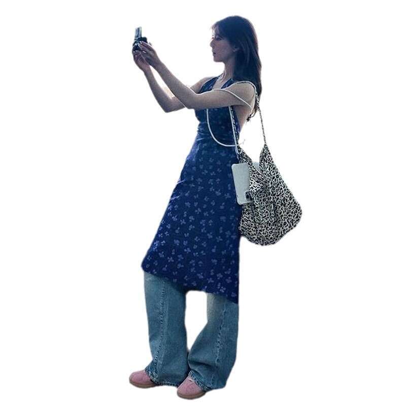2024 Summer New Women's Solid Color Slim High Waist Fashion V-neck Halter Backless Dress d08
