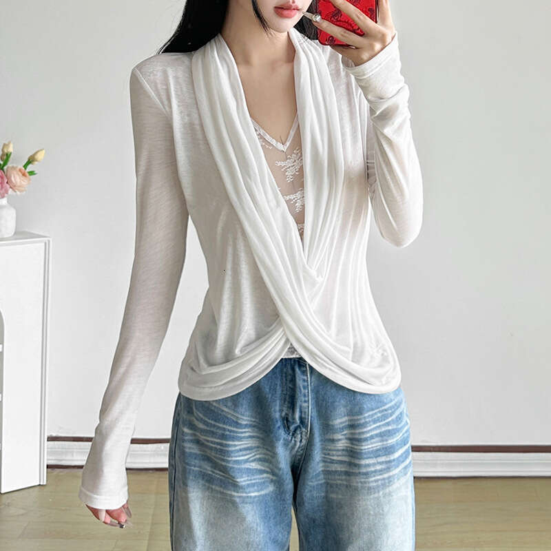 2024 Autumn Winter New Women's Solid Color Slim Street Fashion V-Neck Long Sleeve Sheer Top 17e