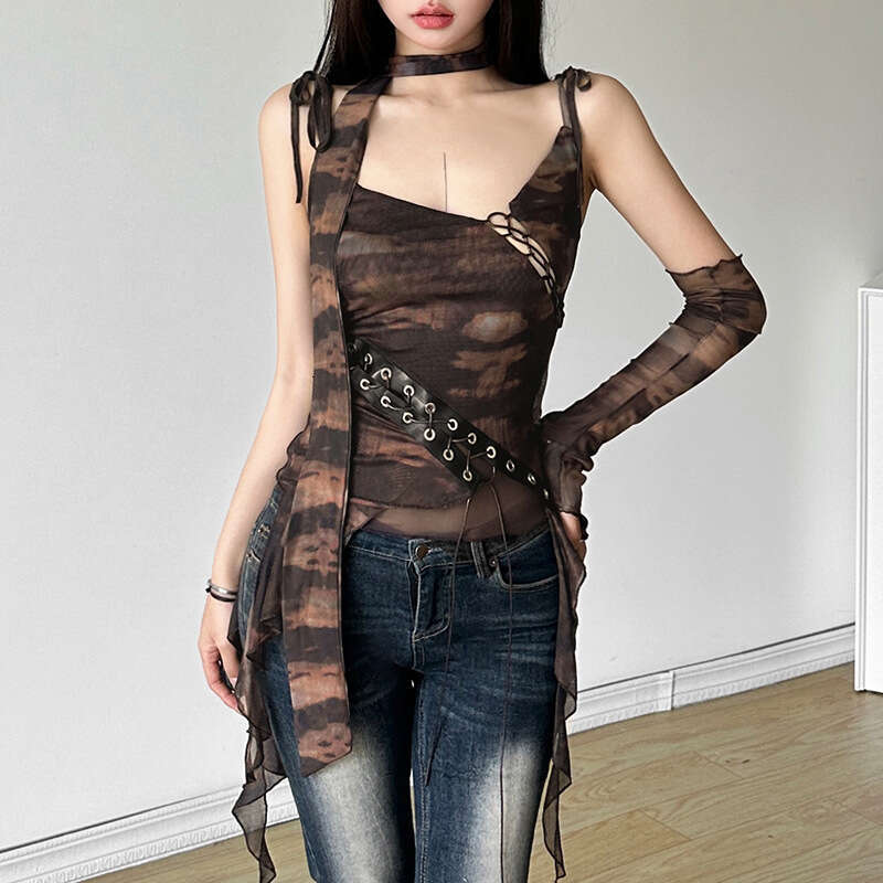 2024 Summer New Fashion Women's Sexy Camisole Mesh Tank Single Sleeve Top 774