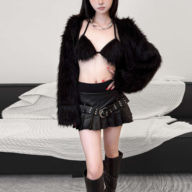 2024 Winter New Sexy Solid Color Halter Neck Tube Top Long Sleeve Plush Cover-Up Two-Piece Set c36