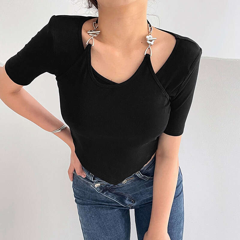 2022 Summer New Women's Solid Color Slim Fit Crop Top Street Fashion Halter Neck Short Sleeve T-Shirt 56a