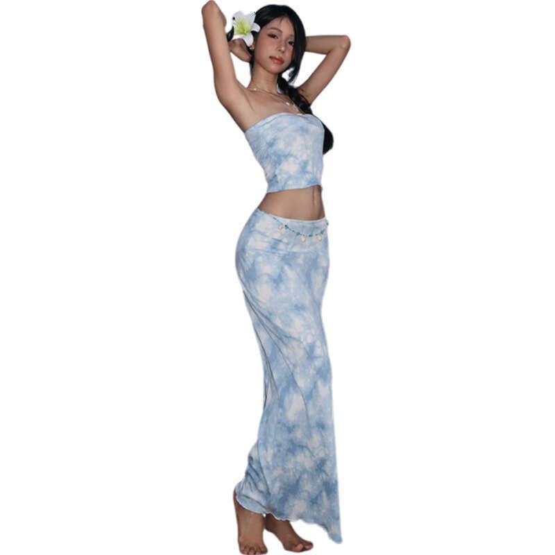2025 Summer New Sexy Slim Fit Crop Top High Waist Elegant Dress Set 49f