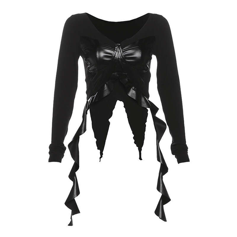 2024 Autumn New Women's Solid Color Slim Fit Crop Street Fashion V-neck Long Sleeve Top 323