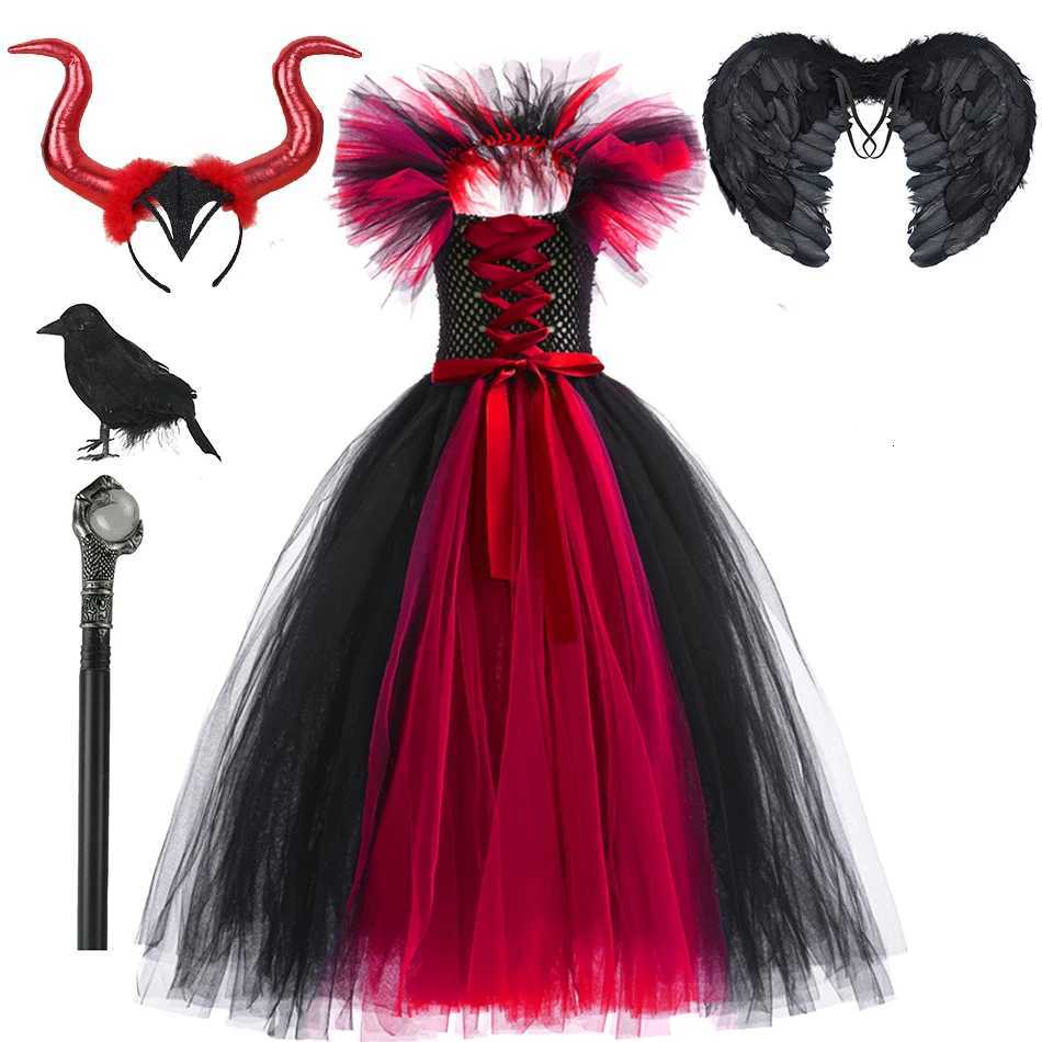 Girl Witch Dress Halloween Evil Role Playing Costume Knitted Tulle Tutu Ruffles Carnival Princess Theme Par Frocks 2023 New Z250725